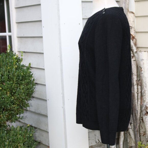 Talbots Black Cable Knit Button Shoulders Crew Neck Sweater Sz LARGE - Picture 3 of 6